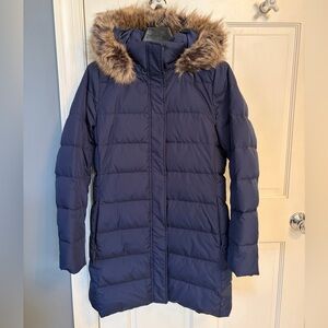 Lands’ End Down Puffer, long with faux fur hood, women’s size Small (6-8)